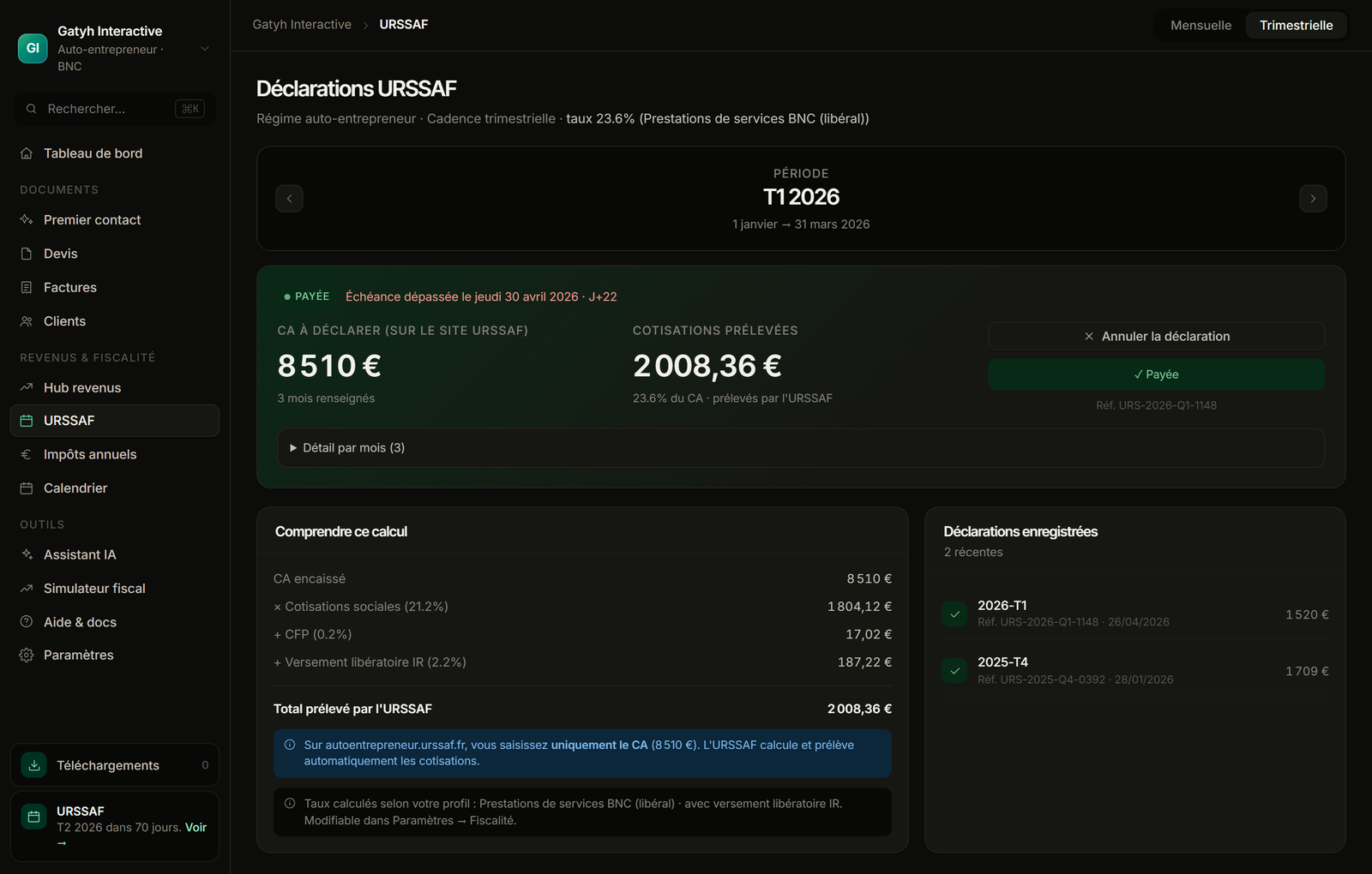 Déclaration URSSAF T1 2026 — calcul automatique des cotisations